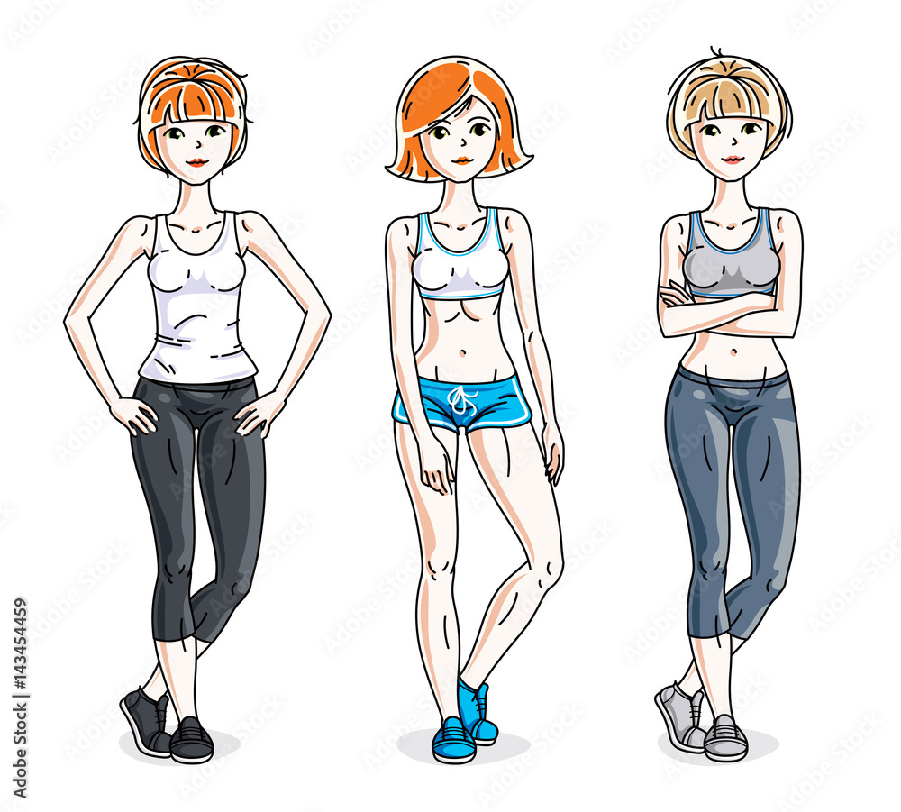 Happy young women posing wearing stylish sport clothes, sportswoman and fitness people. Vector set of beautiful people illustrations. Happy young women posing wearing stylish sport clothes, sportswoman and fitness people. Vector set of beautiful people illustrations.