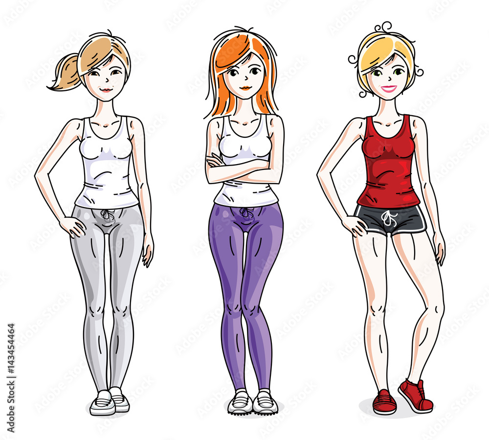 Happy young women posing wearing stylish sport clothes, sportswoman and fitness people. Vector set of beautiful people illustrations. Lifestyle theme fem characters. Happy young women posing wearing stylish sport clothes, sportswoman and fitness people. Vector set of beautiful people illustrations. Lifestyle theme fem characters.