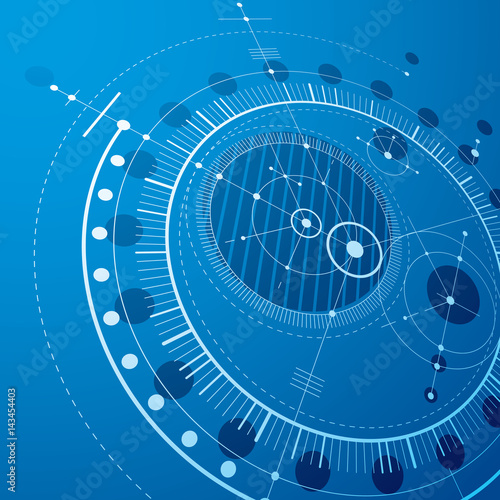 Three-dimensional mechanical scheme, blue vector engineering drawing with circles and geometric parts of mechanism. Technical plan can be used in web design and as wallpaper.