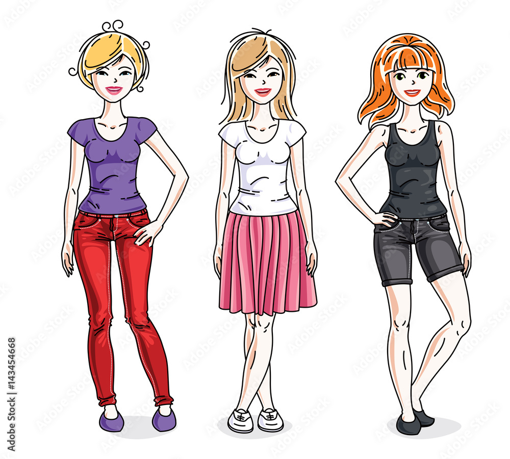 Happy young women group standing wearing casual clothes. Vector diversity people illustrations set. Fashion and lifestyle theme cartoons. Happy young women group standing wearing casual clothes. Vector diversity people illustrations set. Fashion and lifestyle theme cartoons.