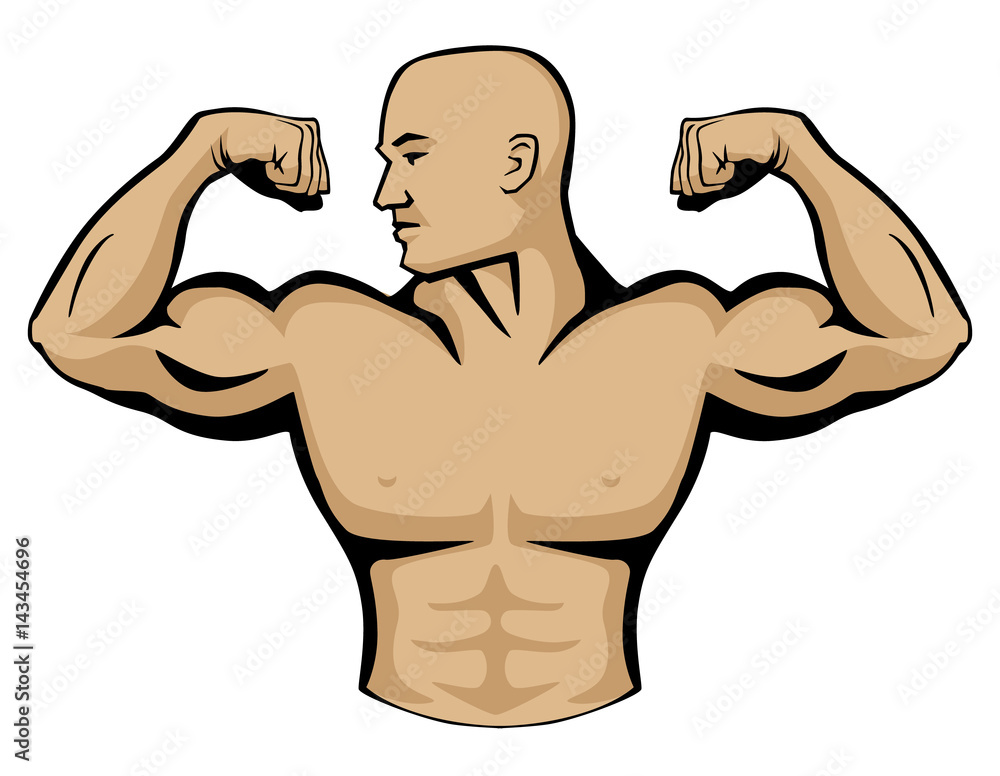 Male body builder vector graphic illustration, flexing arm muscles, head turned to right. Very clean lines, simple yet professional look. Male body builder vector graphic illustration, flexing arm muscles, head turned to right. Very clean lines, simple yet professional look.