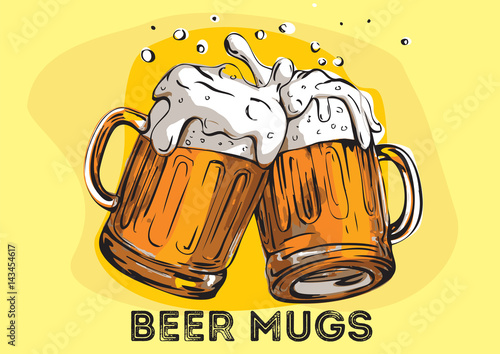 Vector image of two mugs of beer. Drinks with a lot of foam.