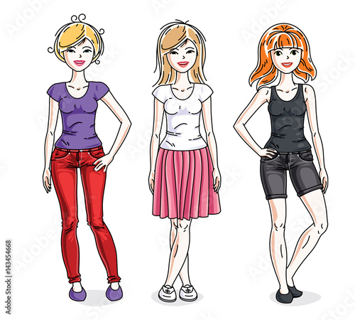 Happy young women group standing wearing casual clothes. Vector diversity people illustrations set. Fashion and lifestyle theme cartoons.