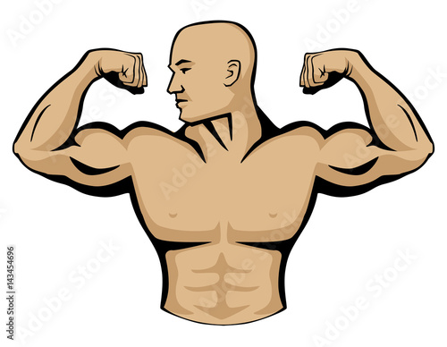Male body builder vector graphic illustration, flexing arm muscles, head turned to right. Very clean lines, simple yet professional look.
