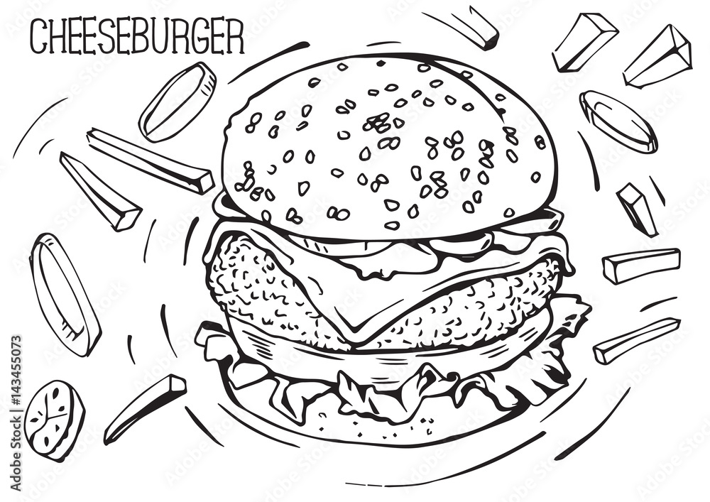 Vector image of a tasty burger and an explosion of fresh vegetables around it.. Black and white line. Vector image of a tasty burger and an explosion of fresh vegetables around it.. Black and white line.