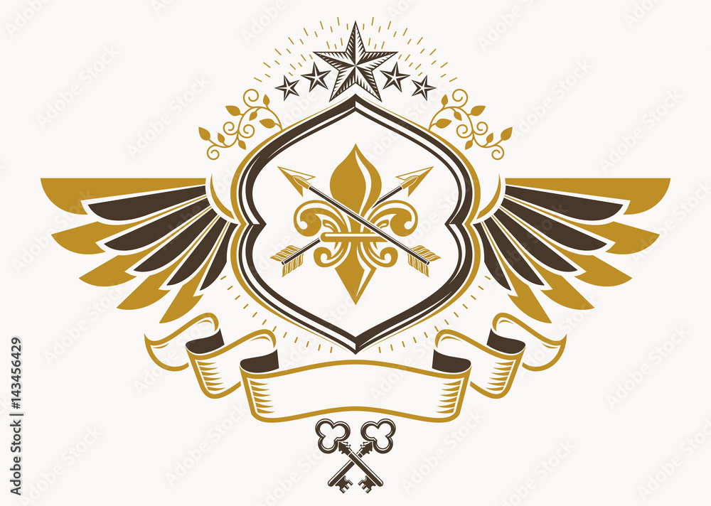 Heraldic sign made using vector vintage elements, eagle wings and pentagonal stars