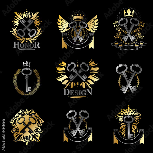 Old Turnkey Keys emblems set. Heraldic vector design elements collection. Retro style label, heraldry logo.