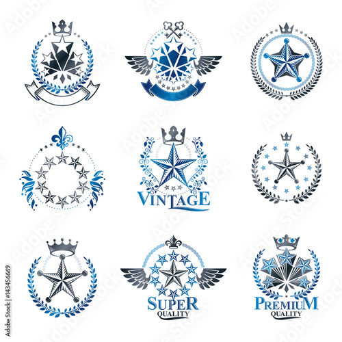 Pentagonal Stars emblems set. Heraldic Coat of Arms, vintage vector logos collection.