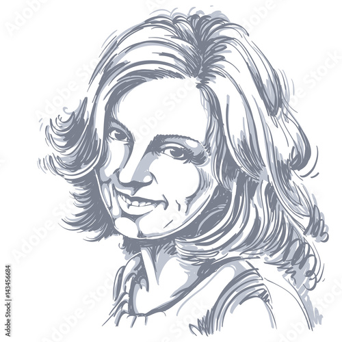 Vector drawing of smiling sincere woman with stylish haircut. Black and white portrait of attractive happy satisfied lady. Model posing.
