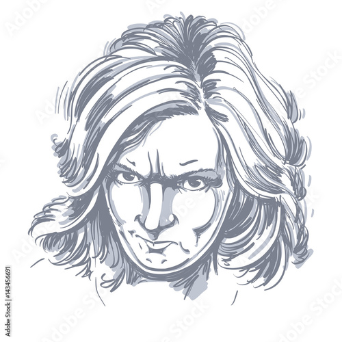 Vector portrait of angry woman with wrinkles on her forehead, illustration of good-looking but irate female. Person emotional face expression.