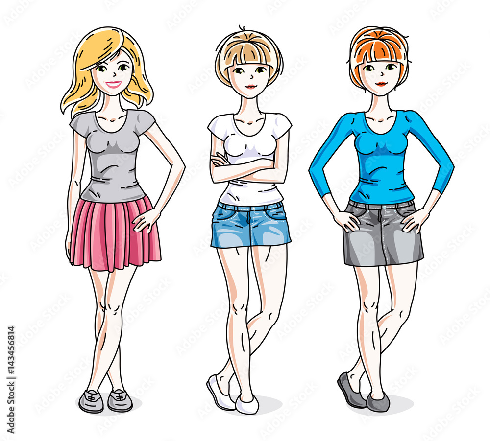 Happy cute young women group standing wearing casual clothes. Vector set of beautiful people illustrations. Happy cute young women group standing wearing casual clothes. Vector set of beautiful people illustrations.