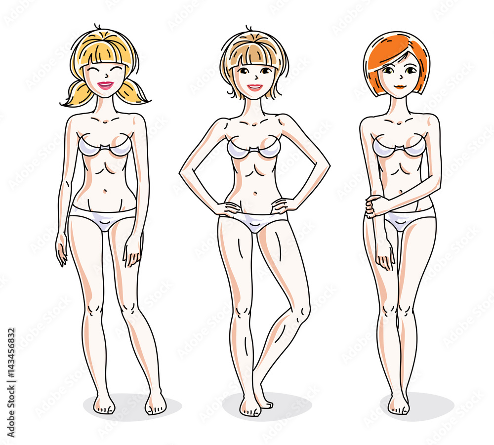 Attractive young women group standing in white underwear. Vector people illustrations set. Slim female with perfect body. Attractive young women group standing in white underwear. Vector people illustrations set. Slim female with perfect body.