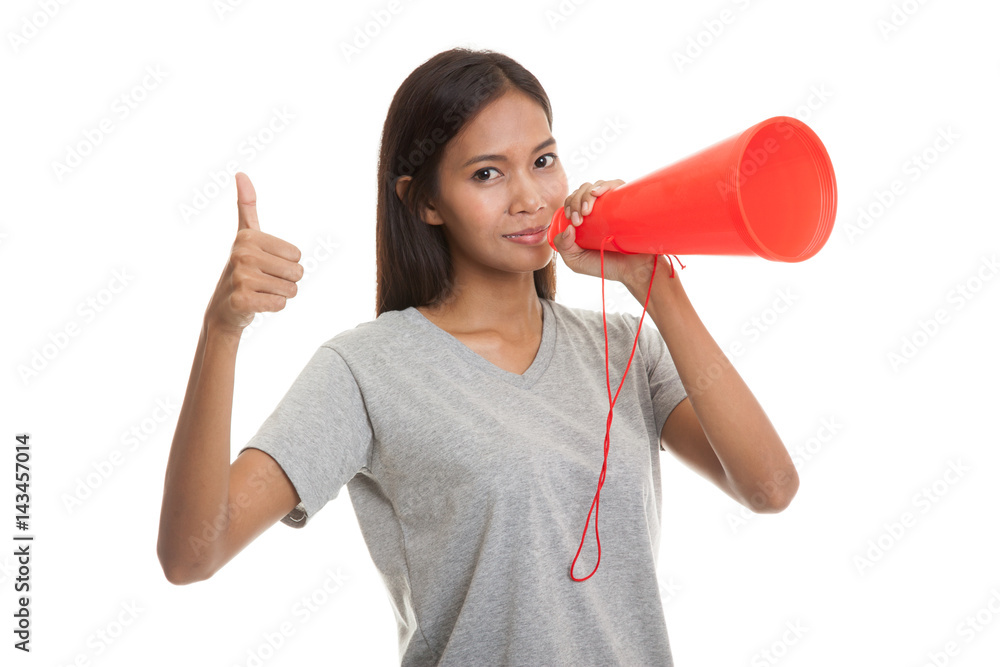Beautiful young Asian woman announce with megaphone. Beautiful young Asian woman announce with megaphone.