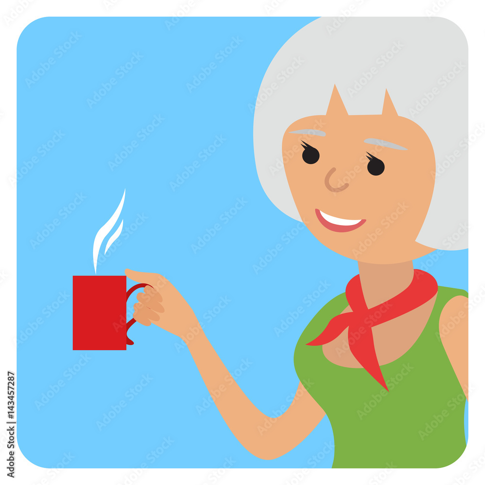 Woman with cup in her hand drinking hot coffee. Vector illustration icon Woman with cup in her hand drinking hot coffee. Vector illustration icon