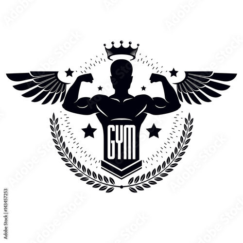 Gym and fitness logo template, retro stylized vector emblem or badge with wings. With bodybuilder silhouette.