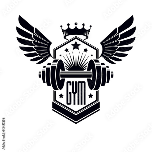 Logotype for heavyweight gym or fitness sport gymnasium, winged retro stylized vector emblem or badge With barbell.