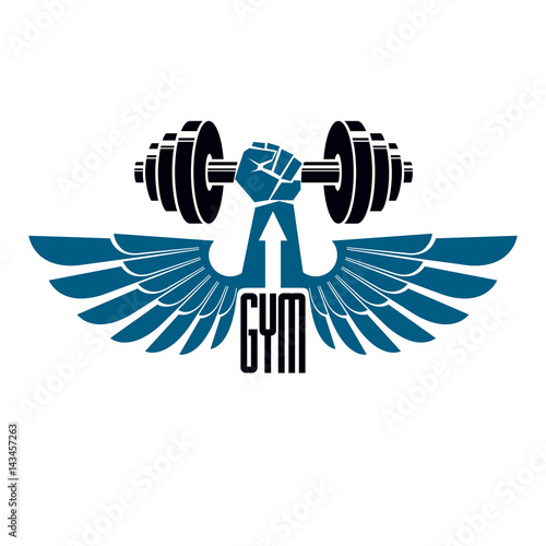 Gym weightlifting and fitness sport club logo, retro style vector emblem with wings. With barbell and strong hand fist.