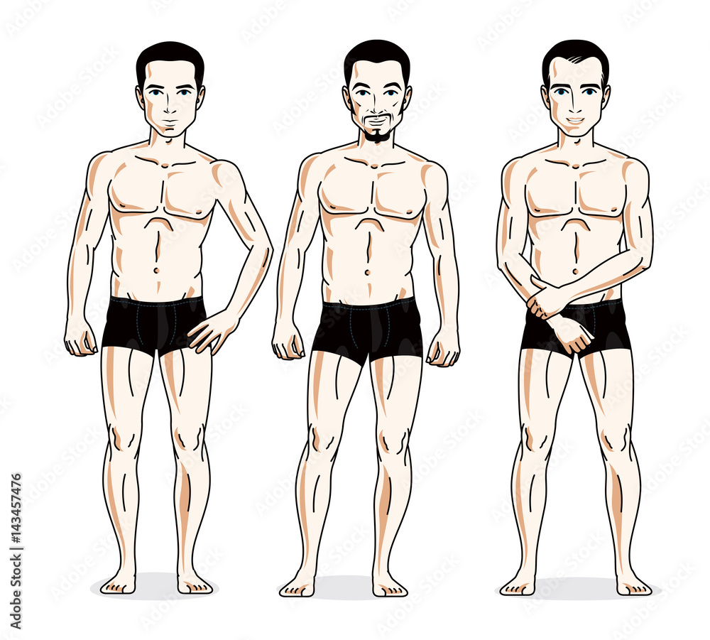 Handsome men group standing in black underwear. Vector characters set. Athletic man with perfect body. Handsome men group standing in black underwear. Vector characters set. Athletic man with perfect body.