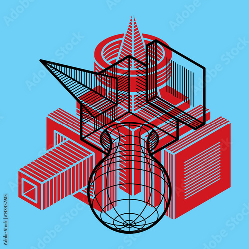 Abstract trigonometric construction, vector dimensional design template.