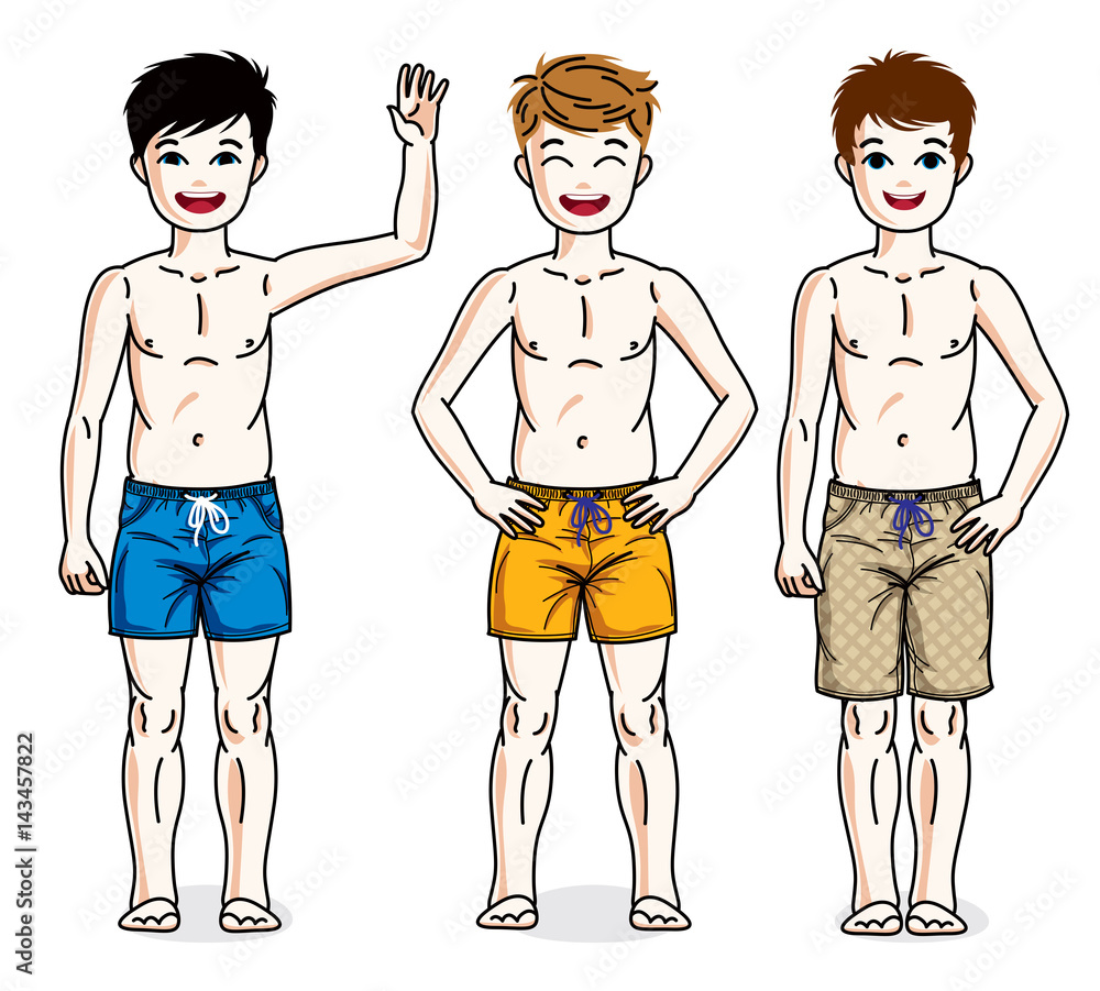 Sweet little boys young teen standing wearing fashionable beach shorts. Vector kids illustrations set. Sweet little boys young teen standing wearing fashionable beach shorts. Vector kids illustrations set.