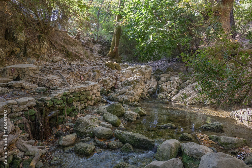 Rhodes Island, Greece. Seven Springs (Epta Piges). The seven bubbling springs generate water, culminating in a small lake that provides habitat to tortoises, eels, crabs and fish. Rhodes Island, Greece. Seven Springs (Epta Piges). The seven bubbling springs generate water, culminating in a small lake that provides habitat to tortoises, eels, crabs and fish.