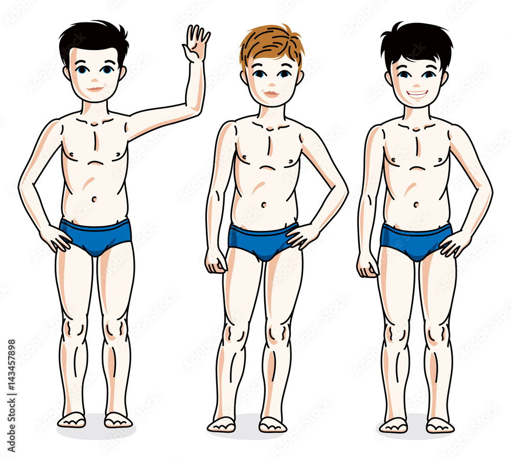 Vetor de Young teen boys cute children group standing in blue underwear.  Vector set of beautiful kids illustrations. Childhood and family lifestyle  cartoons. do Stock