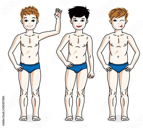 Young teen boys cute children group standing in blue underwear. Vector set of beautiful kids illustrations. Childhood and family lifestyle cartoons.