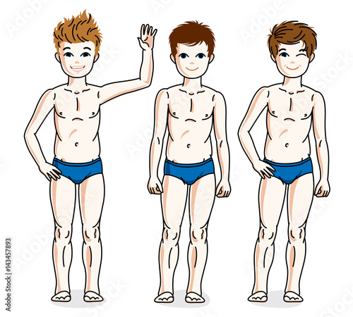 Young teen boys cute children group standing in blue underwear. Vector set of beautiful kids illustrations.