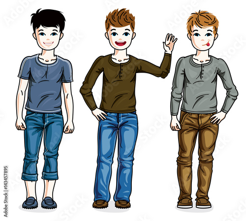 Beautiful happy young teenager boys posing wearing different casual clothes. Vector diversity kids illustrations set. Childhood and family lifestyle clip art.