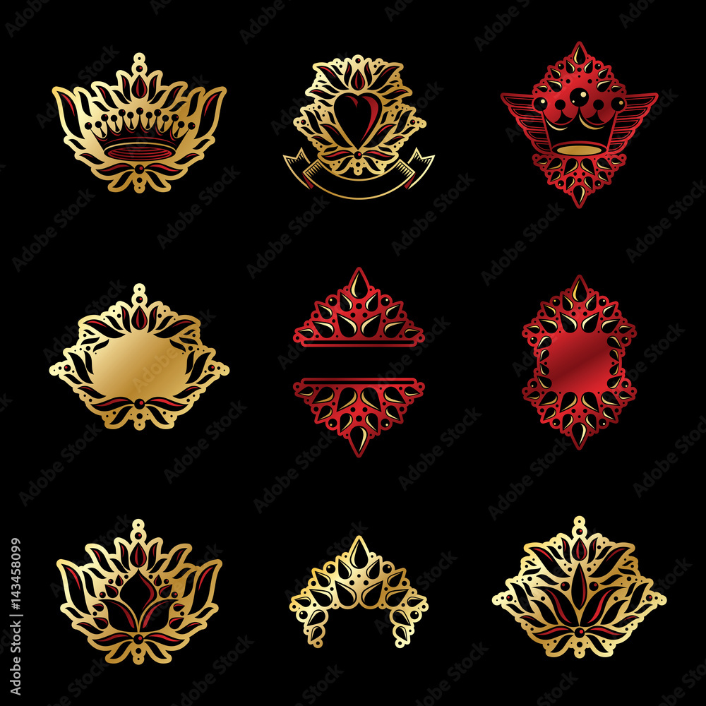 Royal symbols, Flowers, floral and crowns, emblems set. Heraldic vector design elements collection. Retro style label, heraldry logo.