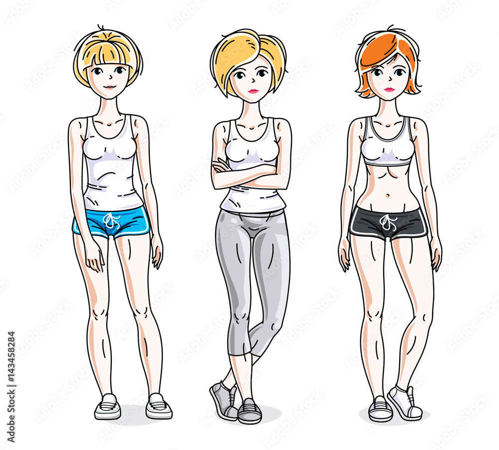 Happy young women posing wearing stylish sport clothes, sportswoman and fitness people. Vector set of beautiful people illustrations. Lifestyle theme fem characters. Happy young women posing wearing stylish sport clothes, sportswoman and fitness people. Vector set of beautiful people illustrations. Lifestyle theme fem characters.