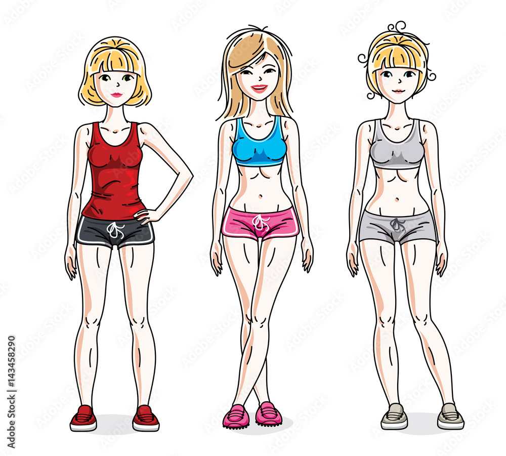 Happy young women posing wearing stylish sport clothes, sportswoman and fitness people. Vector set of beautiful people illustrations. Happy young women posing wearing stylish sport clothes, sportswoman and fitness people. Vector set of beautiful people illustrations.