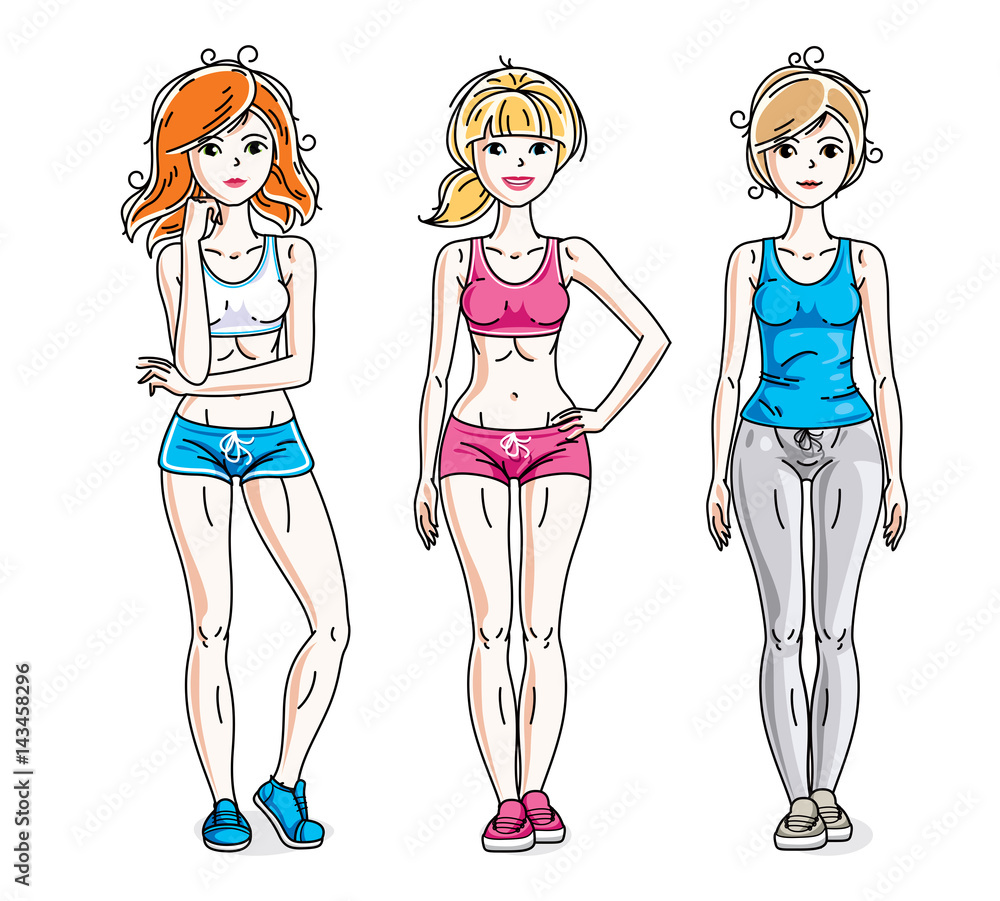 Happy young women posing wearing stylish sport clothes, sportswoman and fitness people. Vector set of beautiful people illustrations. Lifestyle theme fem characters. Happy young women posing wearing stylish sport clothes, sportswoman and fitness people. Vector set of beautiful people illustrations. Lifestyle theme fem characters.
