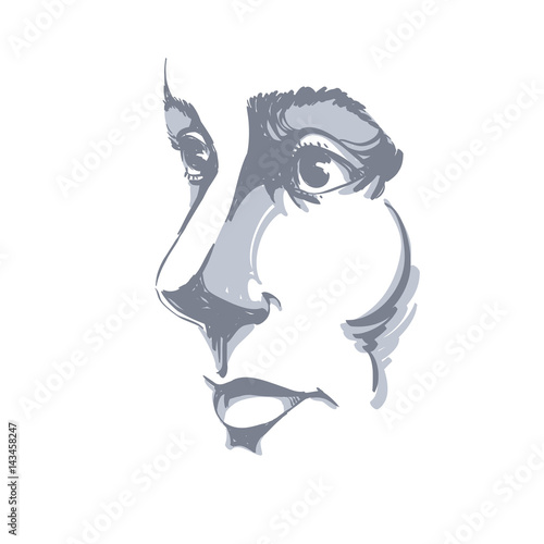 Artistic hand-drawn vector image, black and white portrait of delicate stylish girl. Emotions theme illustration. Peaceful and confident personality, visage features.
