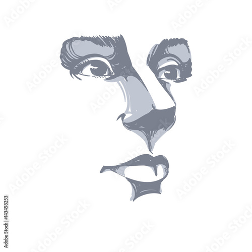 Vector art drawing, portrait of gorgeous dreamy girl isolated on white. Facial expressions, people positive emotions. Caucasian melancholic woman, visage features.