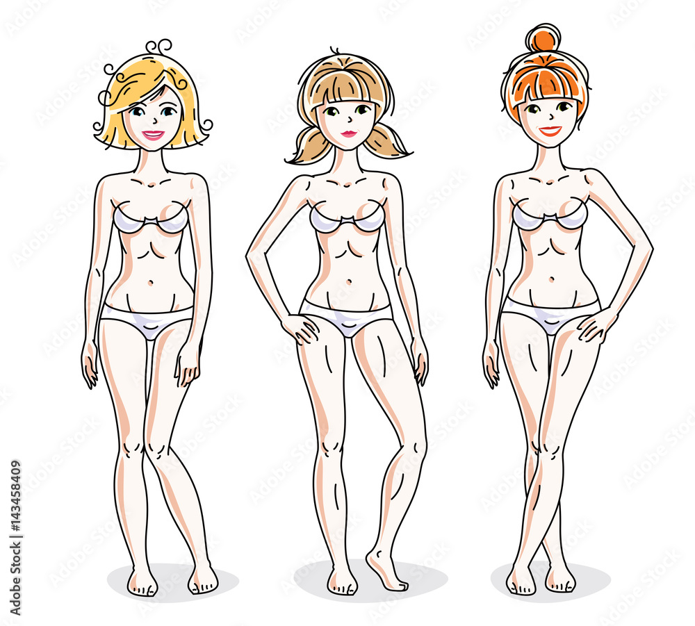 Attractive young women group standing in white underwear. Vector people illustrations set. Attractive young women group standing in white underwear. Vector people illustrations set.