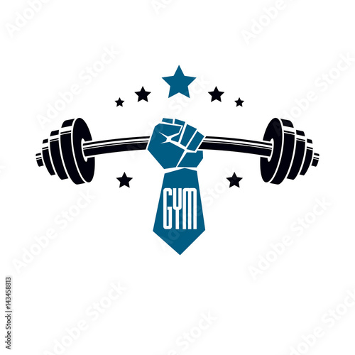 Gym weightlifting and fitness sport club logo, retro stylized vector emblem or badge. With barbell and strong hand fist.