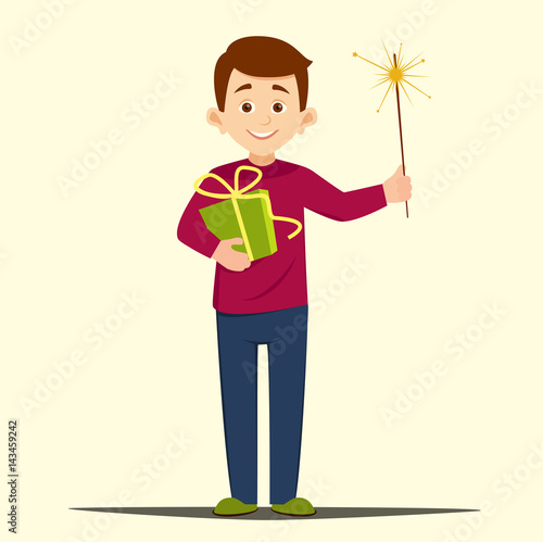 holiday concept, cartoon boy holding a gift and burning Sparkler vector illustration of isolated layers on a light background