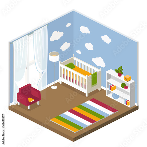 the interior of the nursery in isometric view , vector illustration with layers isolated on white background. Baby room furniture crib, chair, closet with toys, a carpet in a flat style