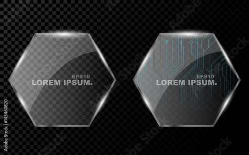 A banner from a flat realistic polygon, a hexagon and from a shining, bright 3d glass on a dark transparent background. New technology, cyber texture, beautiful, blue pattern