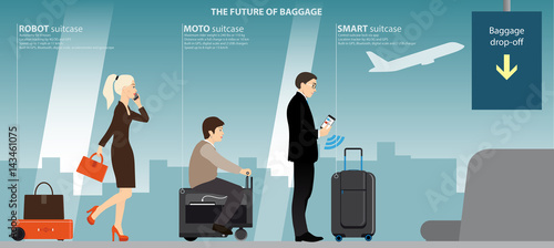 Businesswoman with robot suitcase, elderly woman on a moto bag and a businessman with a smart case in the airport terminal at the counter baggage drop-off. The future of luggage. Vector illustration.
