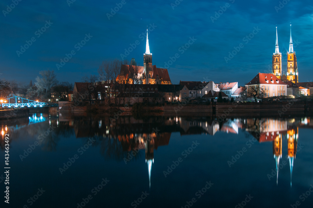 The Cathedral of St John Baptist by a full moon night Ostrow Tumski Wroclaw Breslau Poland