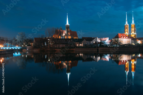 The Cathedral of St John Baptist by a full moon night Ostrow Tumski Wroclaw Breslau Poland