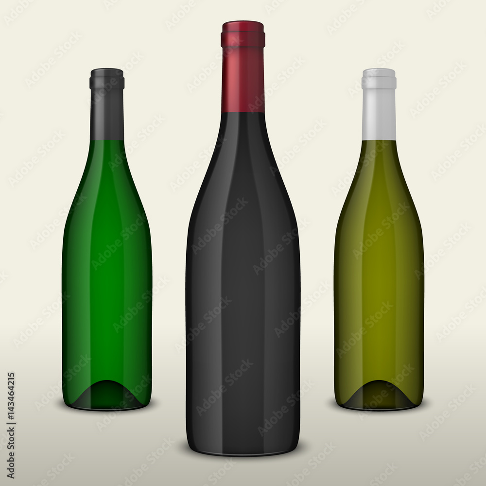 Set of three realistic vector wine bottles without labels isolated on ...