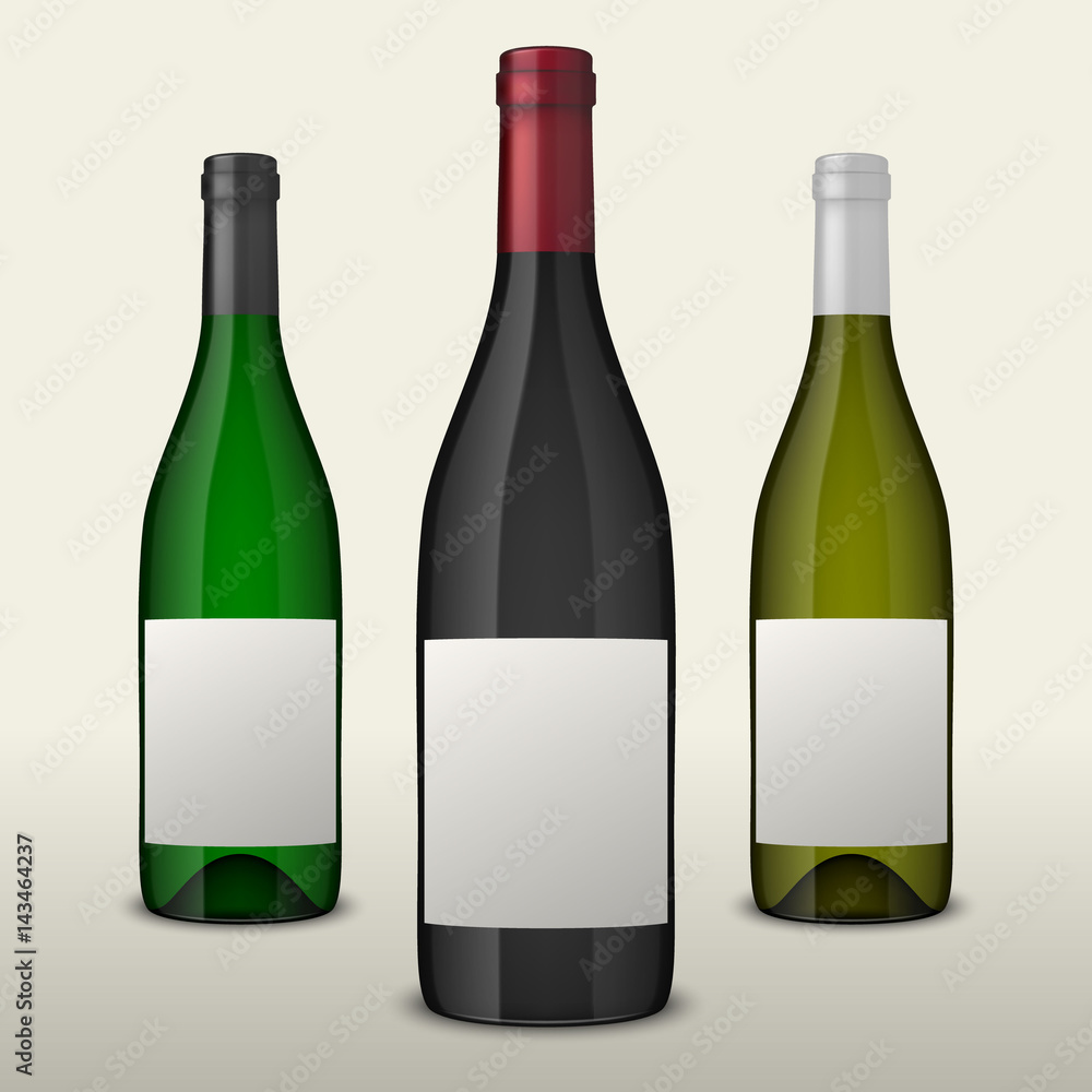 Set of three realistic vector wine bottles with blank labels isolated ...