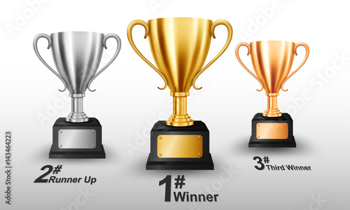 Realistic Gold, Silver, and Bronze Trophy with text space. Vector Illustration