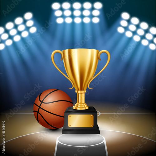 Basketball Championship with Golden Trophy and basketball with illuminated spotlight, Vector Illustration