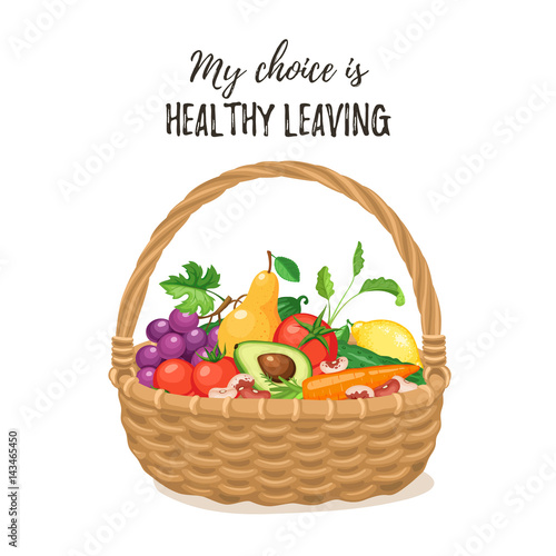 Bamboo basket with natural and organic food. Grocery basket with vegetables and fruits isolated on white background. Shopping in a market. Healthy living concept.