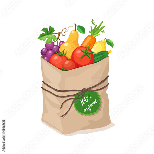 Paper bag with 100 percent organic food. Grocery paper bag with vegetables and fruits isolated on white background. Shopping in a market. Healthy lifestyle concept.