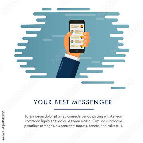 Banner with hand holding mobile phone with chat. Flat style